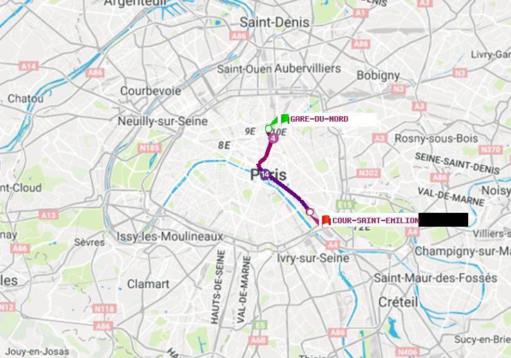 plan itinéraire ratp de Gare du Nord à Cour Saint-Emilion