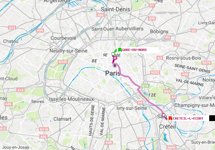 plan itinéraire ratp de Gare du Nord à Créteil-L
