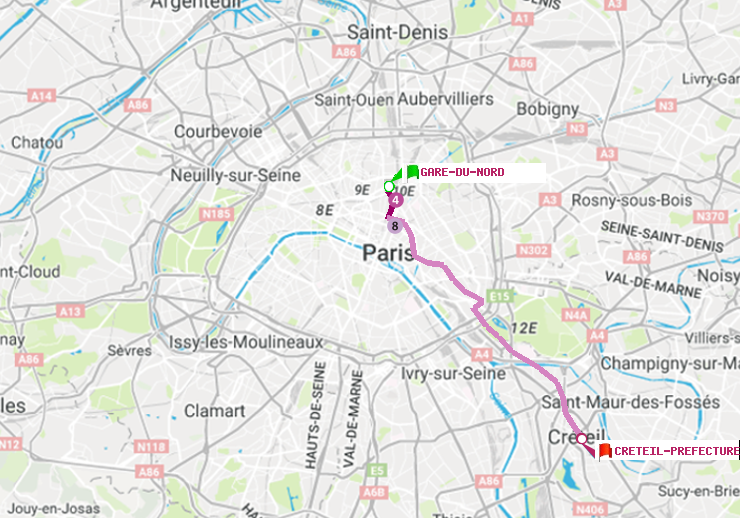 plan itinéraire ratp de Gare du Nord à Créteil-Préfecture (Hôtel de Ville)