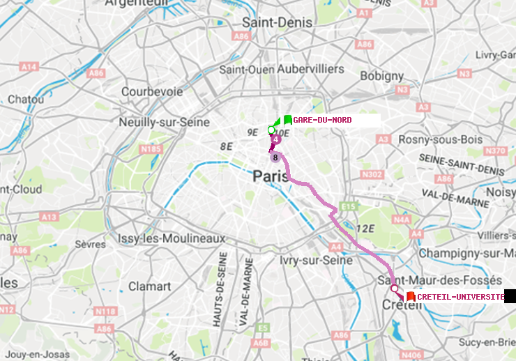 plan itinéraire ratp de Gare du Nord à Créteil-Université