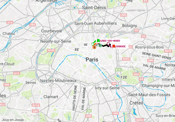 plan itinéraire ratp de Gare du Nord à Danube