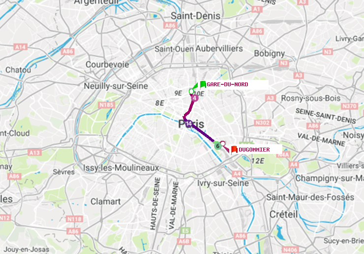 plan itinéraire ratp de Gare du Nord à Dugommier