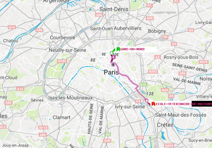 plan itinéraire ratp de Gare du Nord à Ecole Vétérinaire de Maisons-Alfort