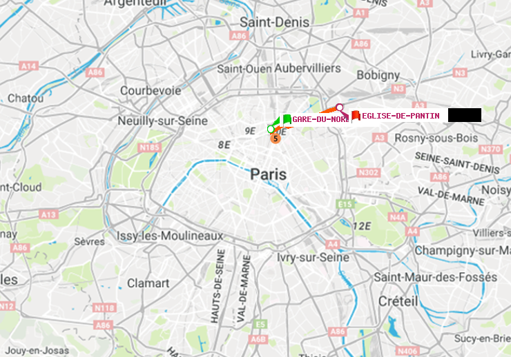 plan itinéraire ratp de Gare du Nord à Eglise de Pantin