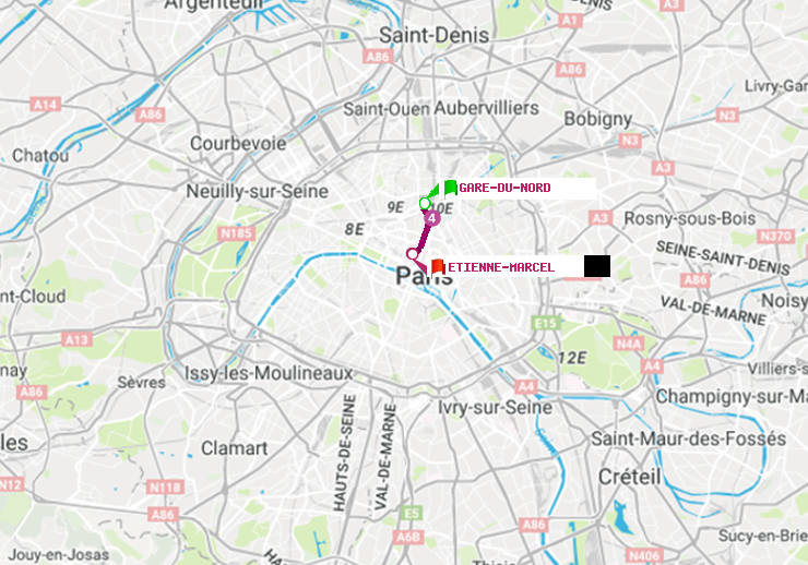 plan itinéraire ratp de Gare du Nord à Etienne Marcel