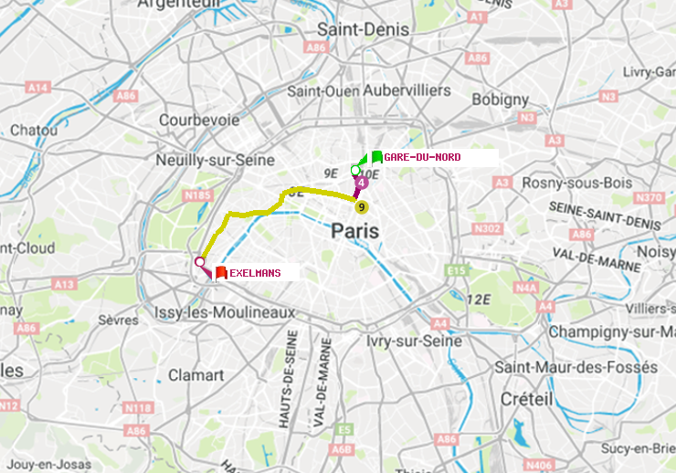 plan itinéraire ratp de Gare du Nord à Exelmans