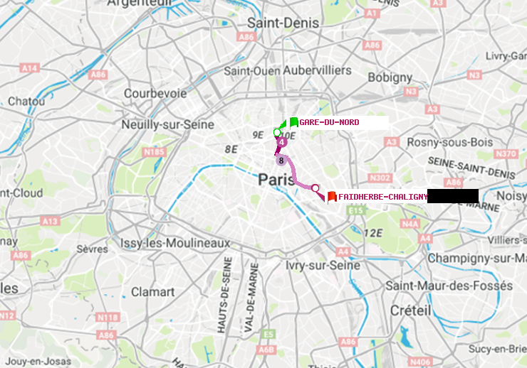 plan itinéraire ratp de Gare du Nord à Faidherbe-Chaligny