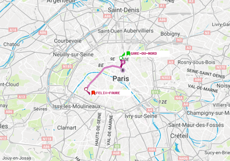 plan itinéraire ratp de Gare du Nord à Félix Faure