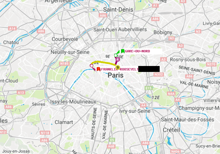 plan itinéraire ratp de Gare du Nord à Franklin-Roosevelt