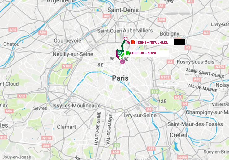 plan itinéraire ratp de Gare du Nord à Front Populaire