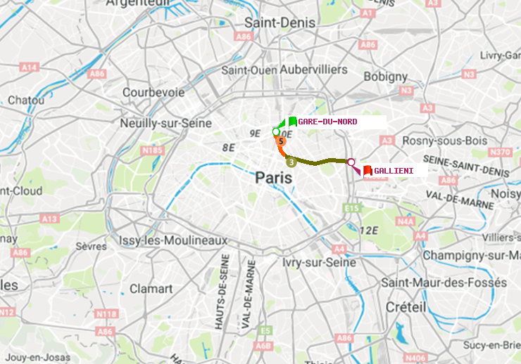 plan itinéraire ratp de Gare du Nord à Gallieni (Parc de Bagnolet)
