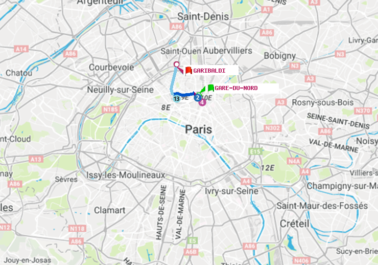 plan itinéraire ratp de Gare du Nord à Garibaldi