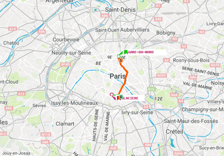 plan itinéraire ratp de Gare du Nord à Glacière