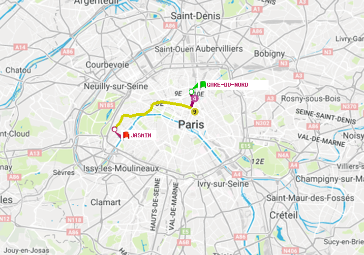 plan itinéraire ratp de Gare du Nord à Jasmin