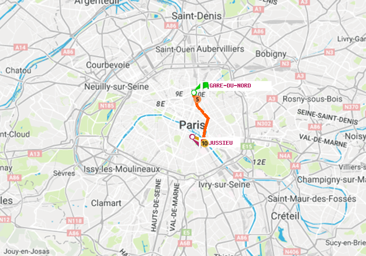 plan itinéraire ratp de Gare du Nord à Jussieu