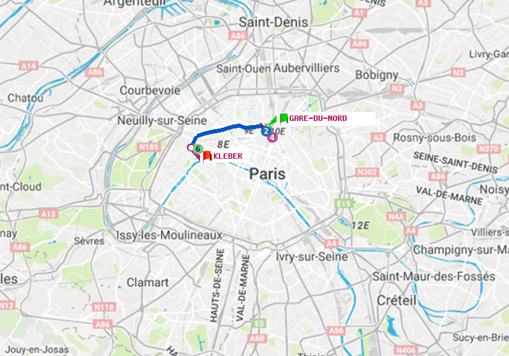 plan itinéraire ratp de Gare du Nord à Kléber