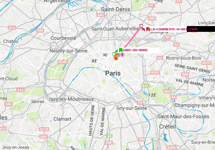 plan itinéraire ratp de Gare du Nord à La Courneuve-8-Mai-1945