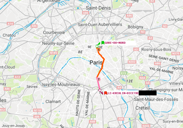 plan itinéraire ratp de Gare du Nord à Le Kremlin-Bicêtre