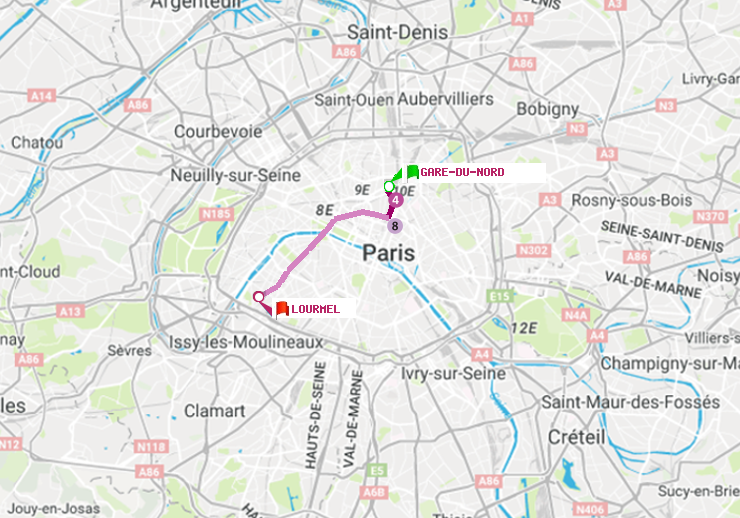 plan itinéraire ratp de Gare du Nord à Lourmel
