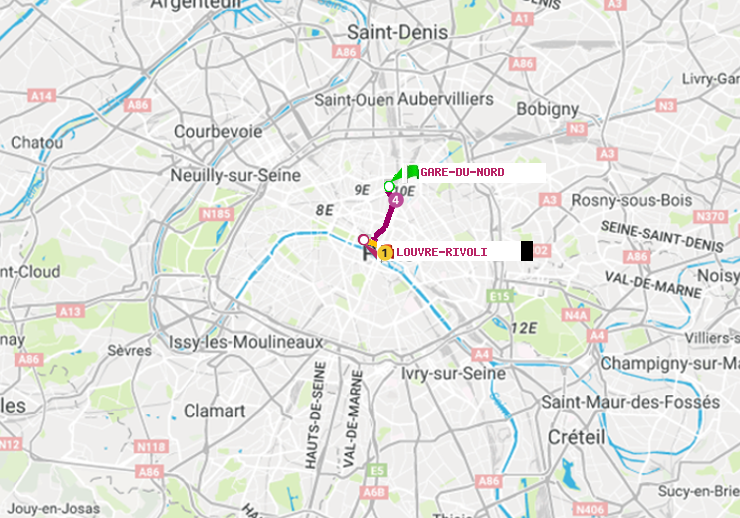 plan itinéraire ratp de Gare du Nord à Louvre-Rivoli