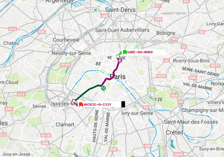 plan itinéraire ratp de Gare du Nord à Mairie d