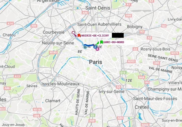plan itinéraire ratp de Gare du Nord à Mairie de Clichy