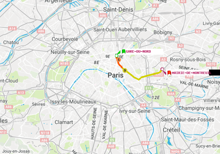 plan itinéraire ratp de Gare du Nord à Mairie de Montreuil