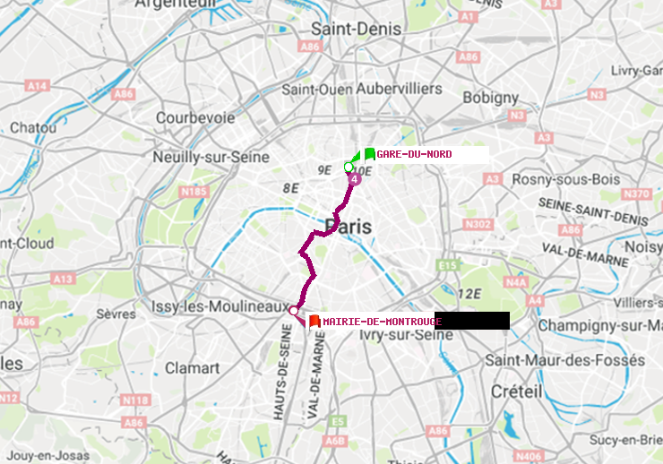 plan itinéraire ratp de Gare du Nord à Mairie de Montrouge