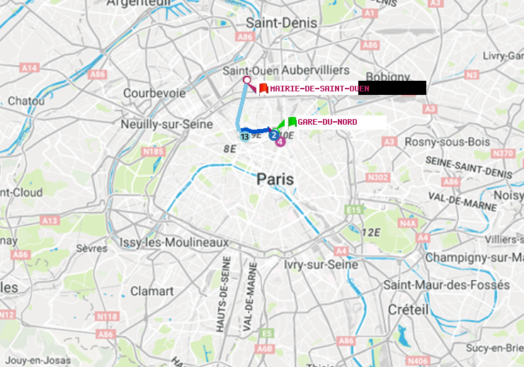 plan itinéraire ratp de Gare du Nord à Mairie de Saint-Ouen