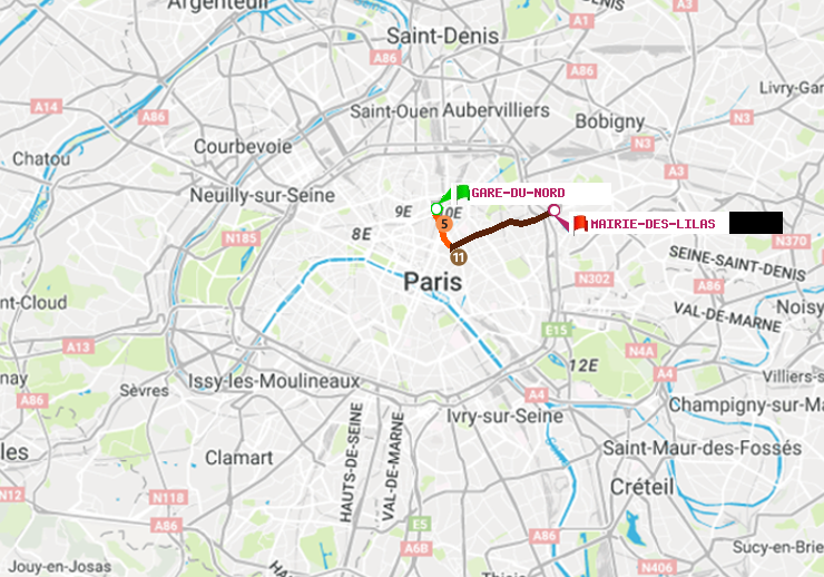 plan itinéraire ratp de Gare du Nord à Mairie des Lilas