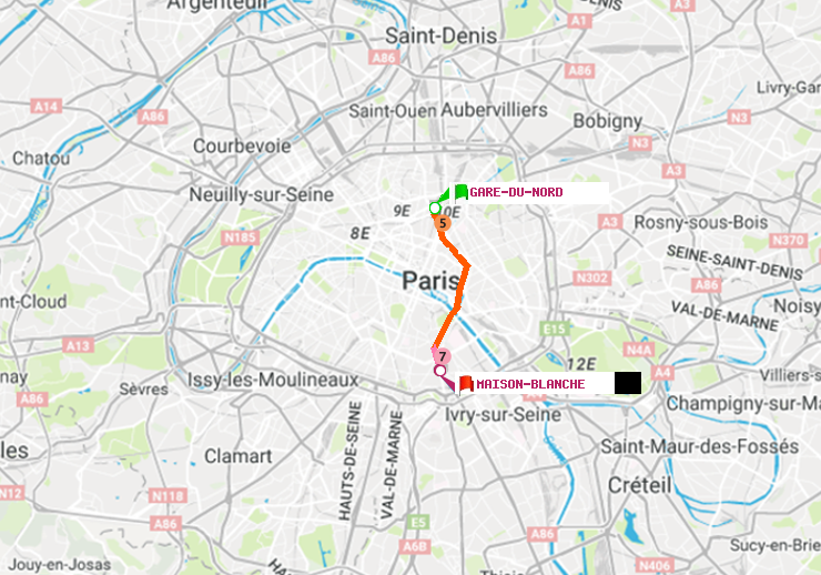plan itinéraire ratp de Gare du Nord à Maison Blanche