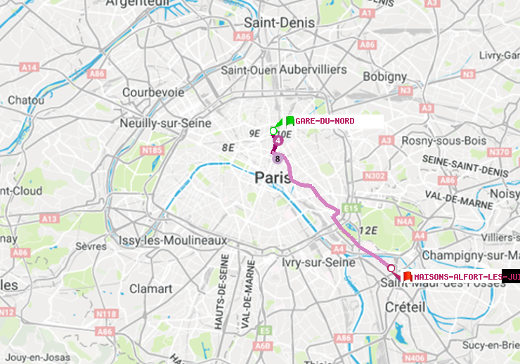 plan itinéraire ratp de Gare du Nord à Maisons-Alfort-Les Juilliottes