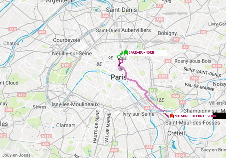 plan itinéraire ratp de Gare du Nord à Maisons-Alfort-Stade