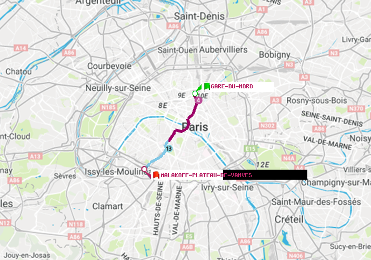 plan itinéraire ratp de Gare du Nord à Malakoff-Plateau de Vanves