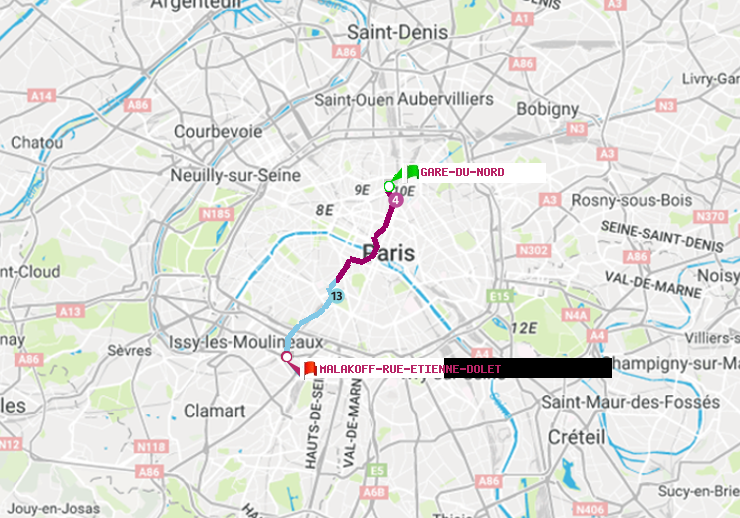 plan itinéraire ratp de Gare du Nord à Malakoff-Rue Etienne Dolet