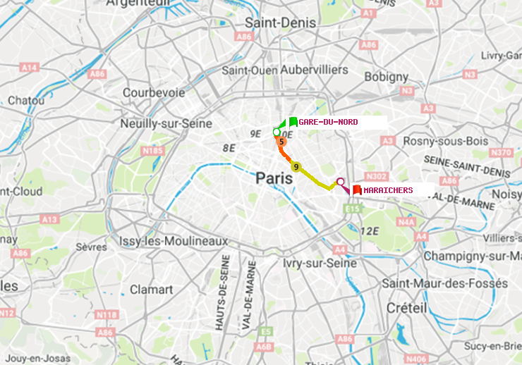 plan itinéraire ratp de Gare du Nord à Maraichers