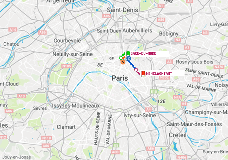 plan itinéraire ratp de Gare du Nord à Ménilmontant