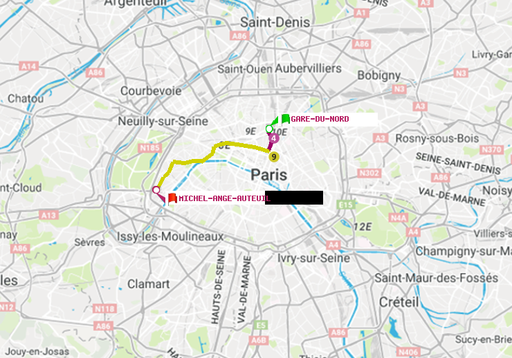plan itinéraire ratp de Gare du Nord à Michel-Ange-Auteuil