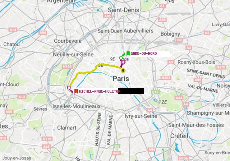 plan itinéraire ratp de Gare du Nord à Michel-Ange-Molitor