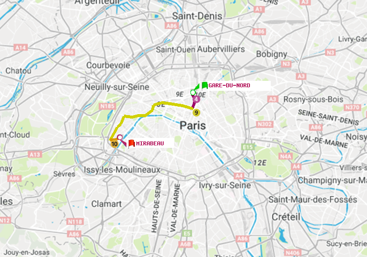 plan itinéraire ratp de Gare du Nord à Mirabeau