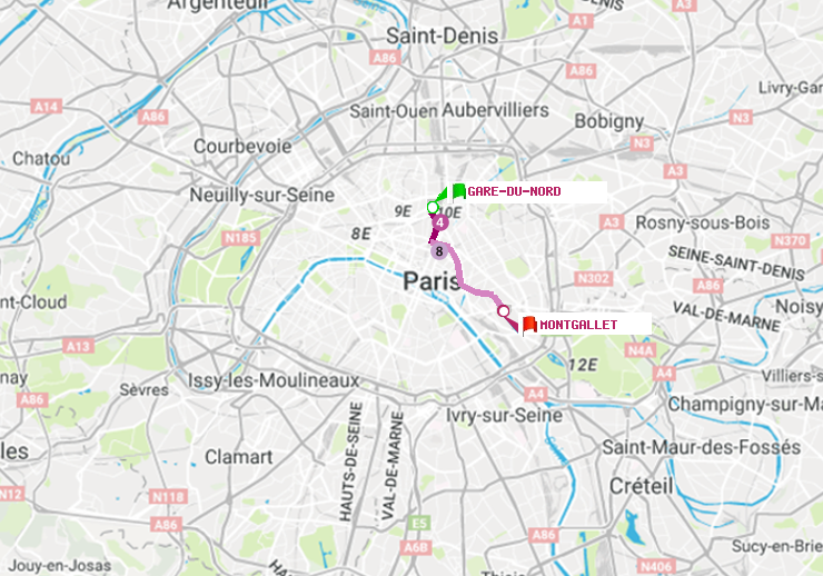 plan itinéraire ratp de Gare du Nord à Montgallet