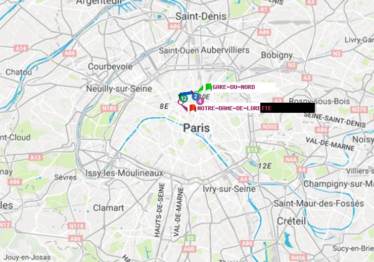 plan itinéraire ratp de Gare du Nord à Notre-Dame de Lorette