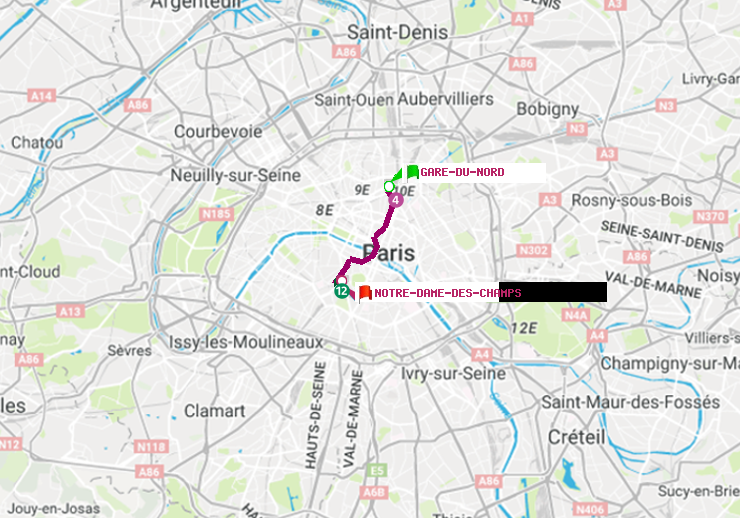 plan itinéraire ratp de Gare du Nord à Notre-Dame des Champs