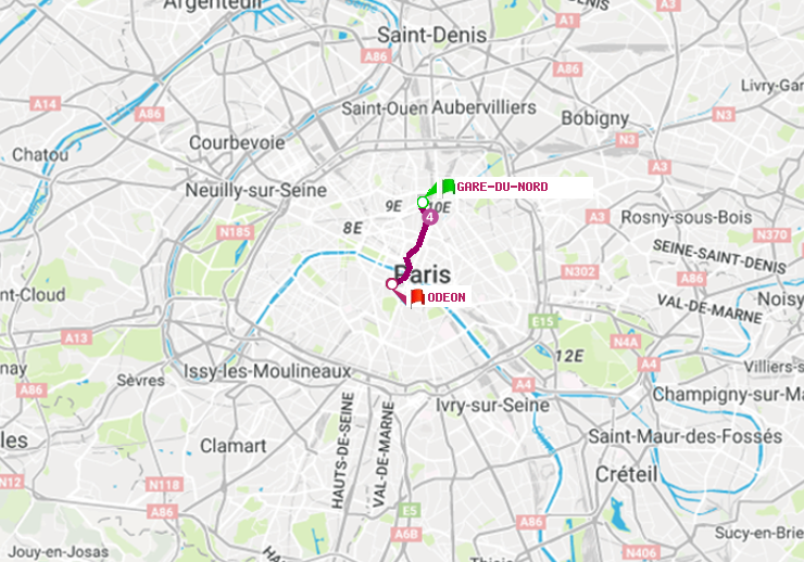 plan itinéraire ratp de Gare du Nord à Odéon