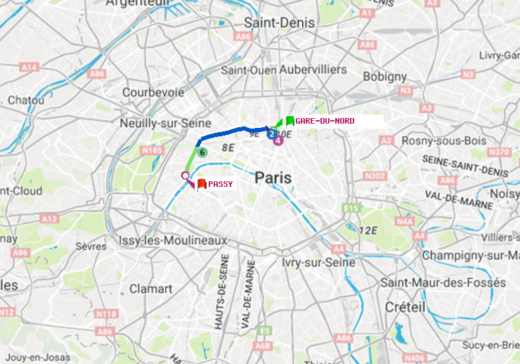 plan itinéraire ratp de Gare du Nord à Passy