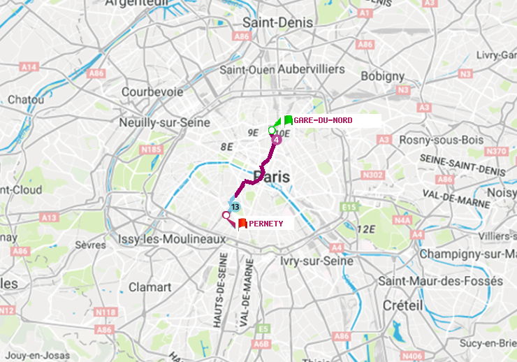 plan itinéraire ratp de Gare du Nord à Pernety
