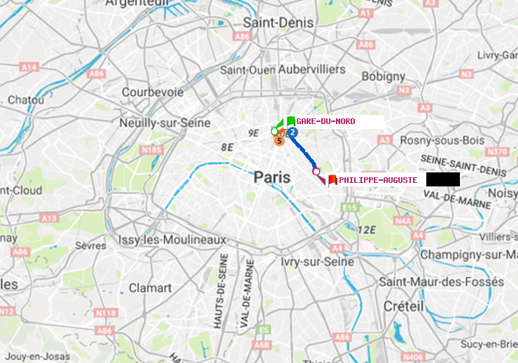 plan itinéraire ratp de Gare du Nord à Philippe Auguste