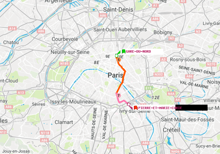 plan itinéraire ratp de Gare du Nord à Pierre et Marie Curie