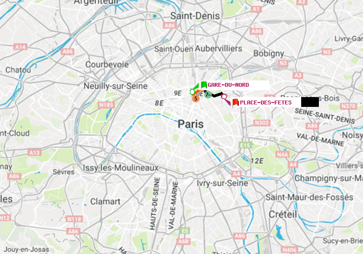 plan itinéraire ratp de Gare du Nord à Place des Fêtes