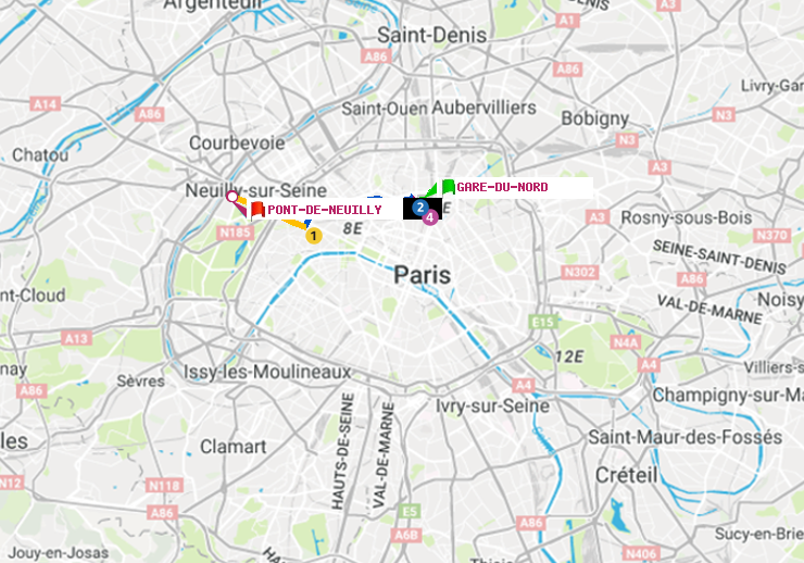 plan itinéraire ratp de Gare du Nord à Pont de Neuilly
